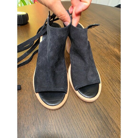 Black Suede Open-Toe Heeled Sandals With Wraparound Straps & Wooden Block Heel B - Picture 11 of 16